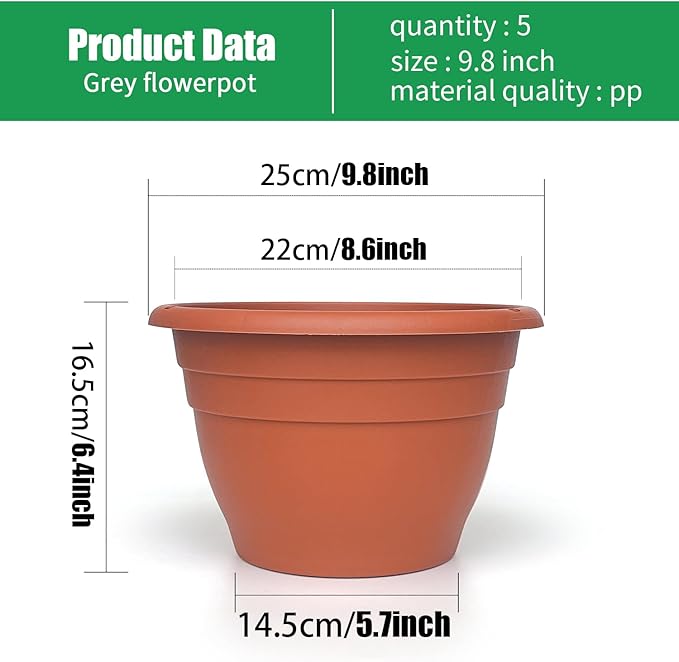 RooTrimmer 5 Pack 10 Inch Plastic Plant Pots Lightweight Planters with Drainage Holes,Durable Indoor & Outdoor Flower Pots for Garden,Patio & Home Decor(Pottery Red)