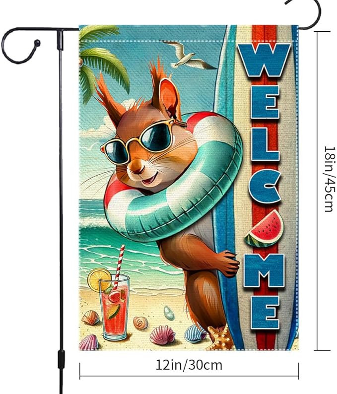 Welcome Garden Flag 12.5X18 Inch Double Side Burlap beach Surfboards Squirrel Summer Garden Flags Home Outdoor Yard Lawn Coastal Decorations