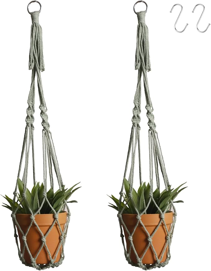 Artilady Macrame Hanging Planter for Indoor Plants, Boho Woven Plant Hanger Large Hanging Flower Pot Holders Outdoor Baskets Storage No Tassels Sage Green Wall Decor (Sage Green)