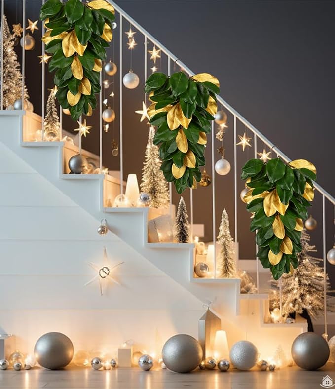 Christmas Gold Leaf Holiday Teardrop Swag – 27" Artificial Magnolia Greenery Hanging Decoration – Elegant Front Door & Fireplace Décor for Christmas Thanksgiving