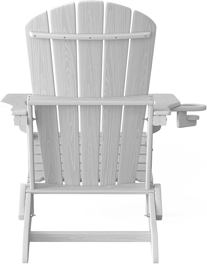 Plawdlik Folding Adirondack Chair, SGS Tested, Wooden Textured with Cup Holder, Heavy All-Weather HDPE Comfortable Set Poolside Backyard Lawn White Set 4