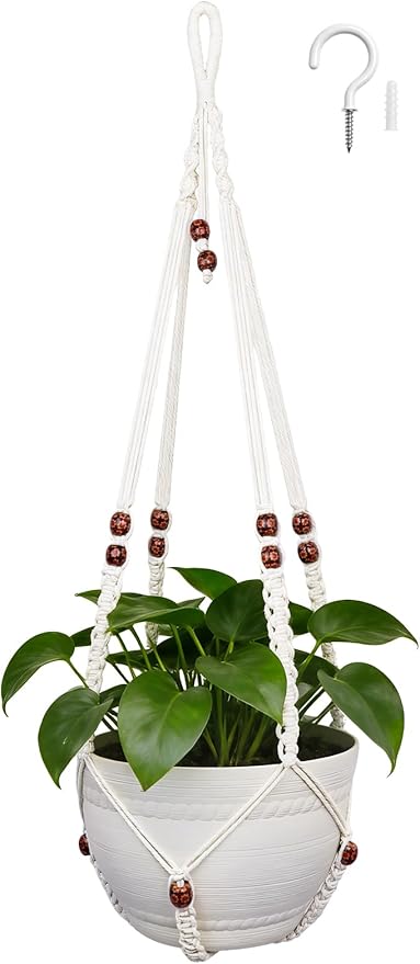 HOREAKHJ 35 Inch Macrame Plant Hanger, Large for up to 15 Inch Pot Extra Long Hanging Planter Holder Basket with Wood Beads for Indoor Outdoor Home Decor (Ivory, 1-Pack)
