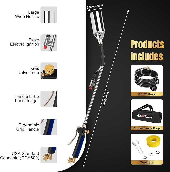 Propane Torch Weed Burner Kit,Weed Torch 360,000 BTU,Blow Torch with 1lb Propane Converter Hose,Blow Torch for Weeds,Wood,Roof,Ice Snow,Road, Fire Start,Charoal Start(Fuel not Included)