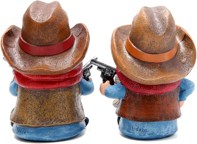 Hodao Cowboy and Cowgirl Gnome Figurines - Hand-Painted Western Resin Gnomes with Cowboy Hats, Sheriff Badge and Bandana - Rustic Farmhouse Decor and Gift for Tiered Tray, Mantel, Tabletop