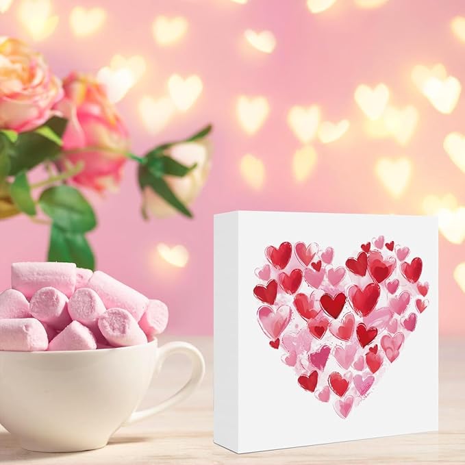 Valentines Day Decorations, Valentines Day Gifts for Her Him, Gift for Boyfriend Girlfriend, Pink Heart Brushstroke Anniversary Wooden Box Sign Husband Wife Home Office Bedroom Desk Decor