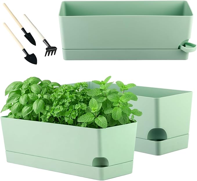 Party Zealot Window Boxes Planters, 3 Pack Self Watering Pots for Indoor Plants 17 Inch Rectangular Planter Rectangle Flower Pots Long Plant Pot Large Window Sill Herb Planter Box, Green