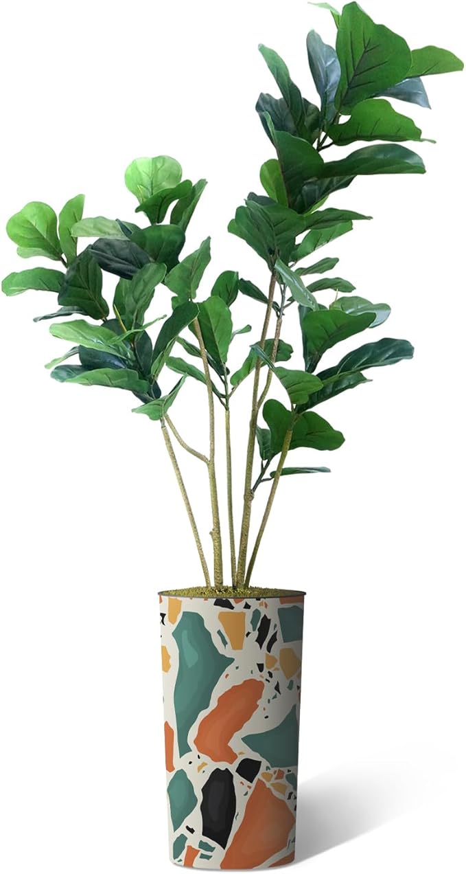 Artificial Tree in Modern Geometric Pattern Planter, Fake Ficus Lyrata Silk Tree for Indoor and Outdoor Home Decoration - 66" Overall Tall (Plant Pot Plus Tree)