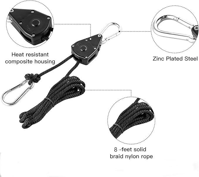 OneChoi Grow Light Rope Hanger 50Pairs，1/8" 8-Feet Long Heavy Duty Adjustable Rope Clip Hanger, Adjustable Rope Ratchet Hangers 150 Lbs per Pair Used with Grow Light, Grow Bags