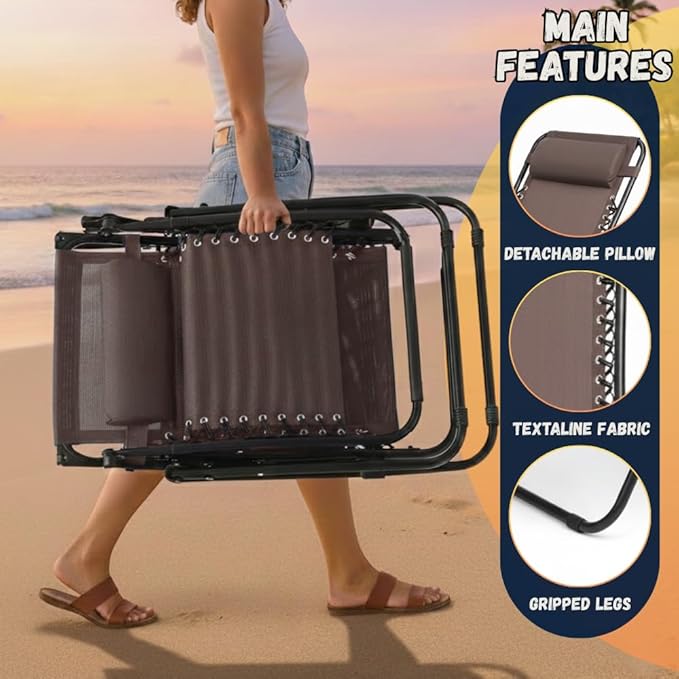 EZONE 1 - Chair Zero Gravity Lounge Chair Outdoor Adjustable Reclining Patio Chair Steel Mesh Folding Recliner for Pool Beach Camping Lounge Chair with Pillow and Cup Tray (1, Brown)
