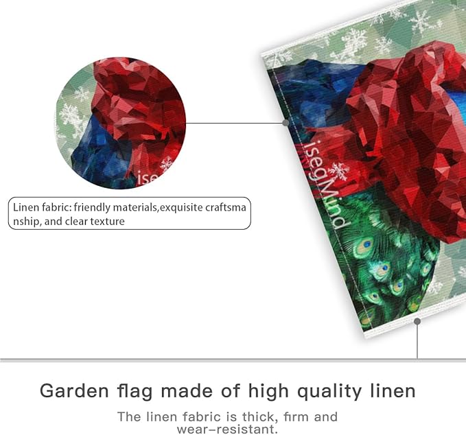 Peacock with Red Scarf and Hat Snowflake Christmas Garden Flag, 28x40 Inch Double Sided Linen Holiday Red Winter Farmhouse Yard Outdoor Decoration (4343)