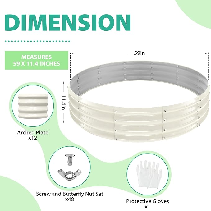 5FT Diameter Galvanized Garden Raised Bed/Plant Box/Fire Pit Ring - 0.8mm Thick,12 Inch Tall,Perfect for Planting a Variety of Flowers,Herbs,Vegetables (Cream White, 60 Dia X 12 inches)