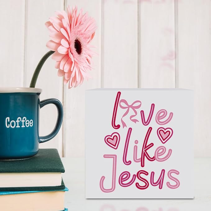 Valentines Day Decorations, Valentines Day Gifts for Her Him, Gift for Boyfriend Girlfriend, Pink Heart Bow Jesus Anniversary Wooden Box Sign Husband Wife Home Office Bedroom Desk Decor