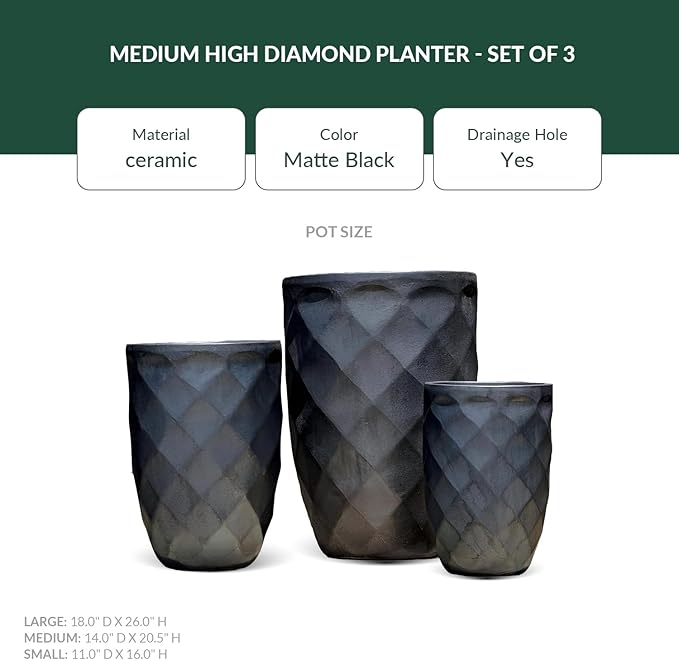 PLANTATOREM Medium High Diamond Planter Set of 3 - Matte Black 18 D X 26 H - Fashion Design Ceramic with Drainage Holes and Drip Pan for Indoor and Outdoor Use - Elegant Glaze Finish