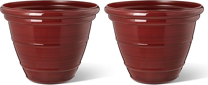 Glitzhome 15.5" D Large Flower Pots, Set of 2 Tall Planters for Outdoor Plants with Drainage Holes,Red Faux Ceramic Finish,Round Plastic Tall Flower Pots for Garden, Patio, Porch or Indoor Use
