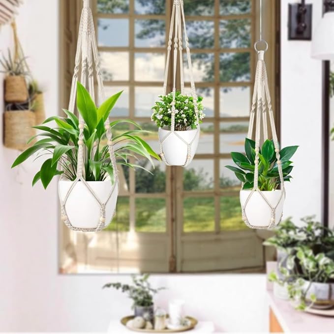 MDKFKDK 3 Pack Macrame Plant Hanger,Hanging Plant Holder, Boho Home Decor Hanging Basket with Wood Beads,Hanging Planters for Indoor Plants,Plant Hanger Indoor 35"/29"/23" Ivory (POTS NOT Included)