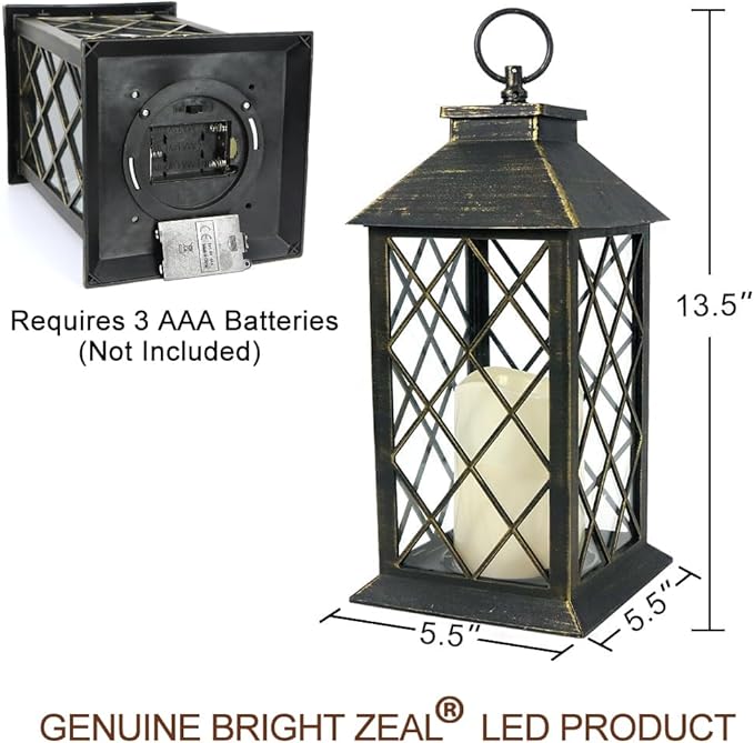 Bright Zeal 2-Pack 13.5" Vintage Candle Lantern with LED Candle (Distressed Gold, 6hr Timer) - IP44 Waterproof Outdoor Hanging Lanterns Battery Powered - Tabletop Lantern Decorative Home Lanterns