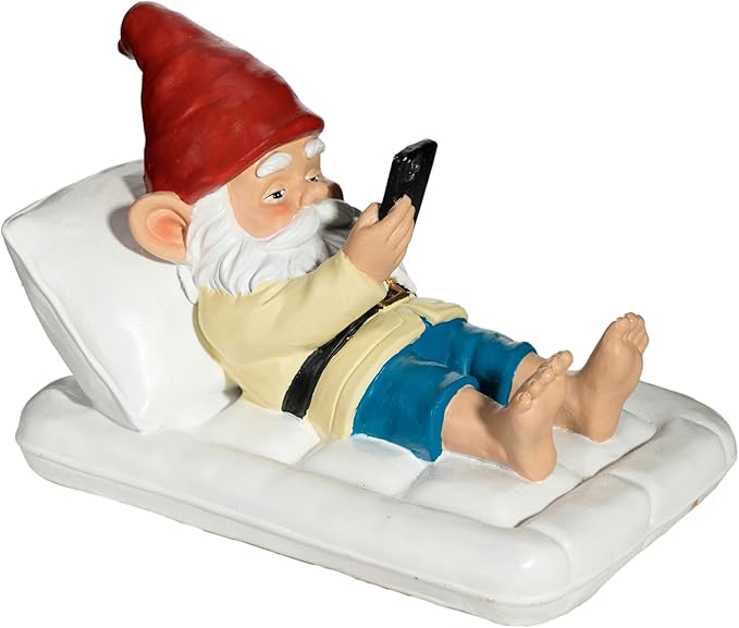 Relaxing Pool Gnome with Smartphone - 5.6" Heavy Resin Garden Statue - Weather-Resistant Funny Lawn Ornament - Summer Patio Decor - Unique Housewarming Gift