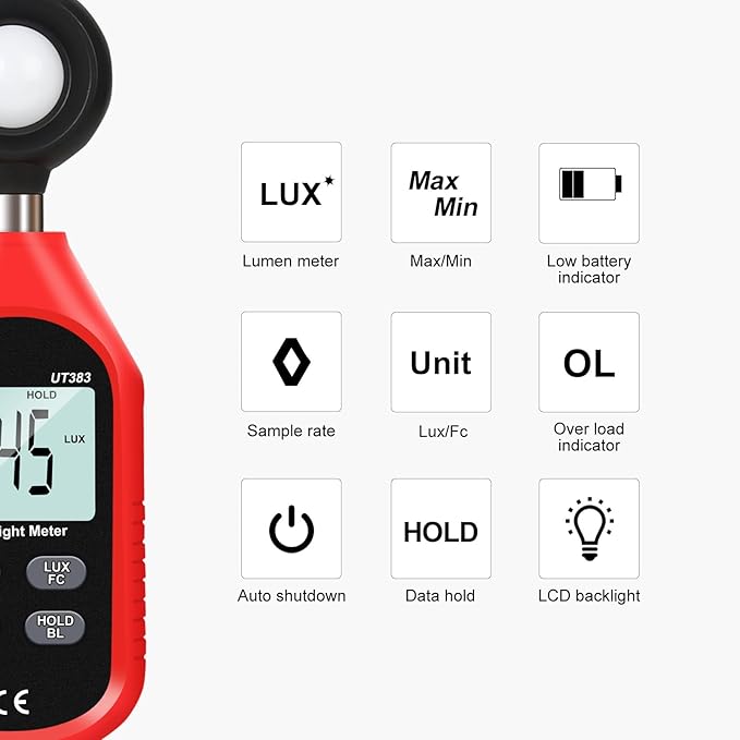 UNI-T UT383 Light Meter Lux Meter Lumens Digital Illuminance Meter 0~199,900 Lux (0~18,500 FC) Foot Candles Luxmeter for Film Photography Plants Photometer Lighting Intensity Brightness Measurement
