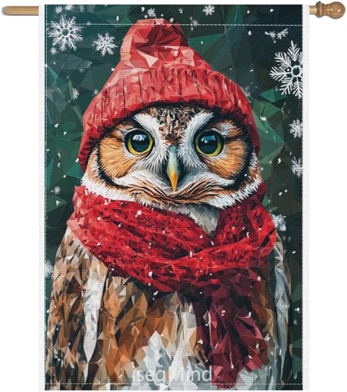 Owl with Red Scarf and Hat Snowflake Christmas Garden Flag, 28x40 Inch Double Sided Linen Holiday Red Winter Farmhouse Yard Outdoor Decoration (4333)