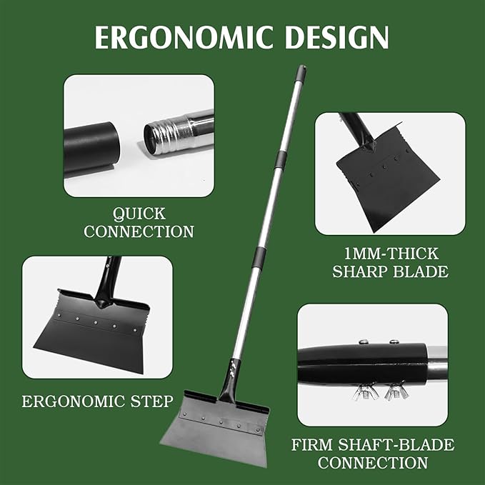 Multi-Purpose Snow Shovel - Flat Ice Scraper, Adjustable Handle Heavy Duty Outdoor SnowRemoval Tool | Garden Floor Scraper, Lawn Edging and Cleaning Portable Winter for Driveway, Sidewalk