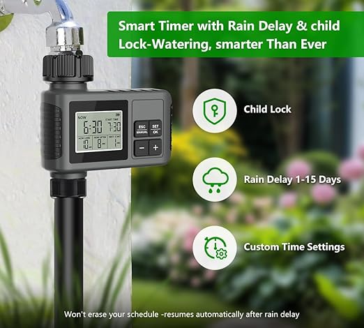 HEKIWAY 60FT Drip Irrigation System with Water Timer – Automatic Garden Watering Kit with 360° Bendable Hose & Adjustable Nozzles, Smart Irrigation System for Greenhouse, Lawn, Yard & Plants