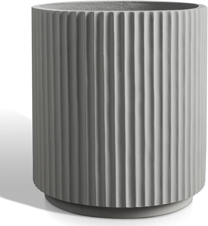 Heyzier Round Concrete Planter Outdoor Indoor, Large Cement Plant Pots for Flowers (Vertical Gray, 12 inch)