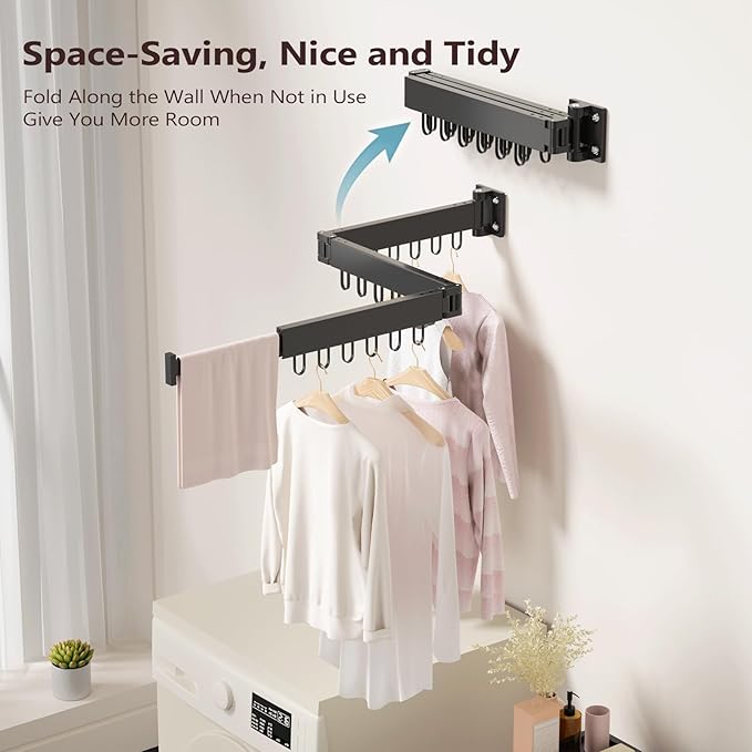 JAUREE Clothes Drying Rack Wall Mounted, Space-Saving Drying Rack Clothing, Collapsible Foldable Retractable Laundry Rack with 18 Hooks, Indoor/Outdoor, Black