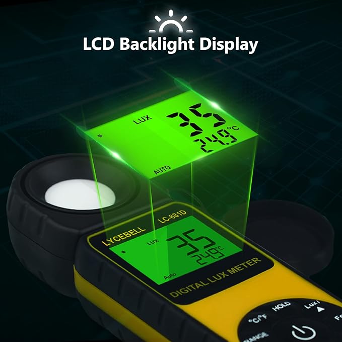 LYCEBELL Digital Illuminance Light Meter, LC-881D Luxmeter Range up to 400,000 Lux with 270º Rotated Date Hold Max/Min Backlit for Photography Plant LED Light