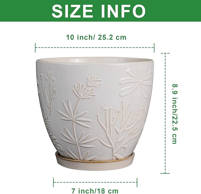 MPotTo 10 Inch Plant Pot Ceramic Planter Pot with Drainage Hole and Saucer Round Planter Large Flower Pot for Indoor Outdoor Plants Home Garden Decor White