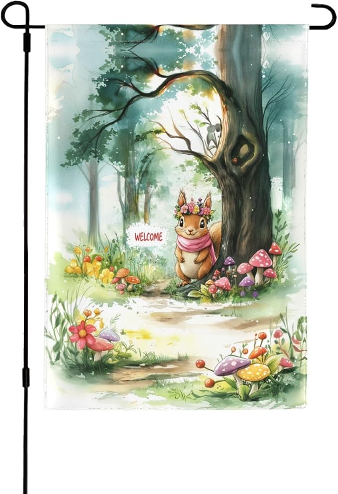 Squirrel And Tree Garden Flag 12x18 Inch Double Sided All-Weather Polyester Outdoor Flag For Patio Lawn Yard And Garden Welcome Decor