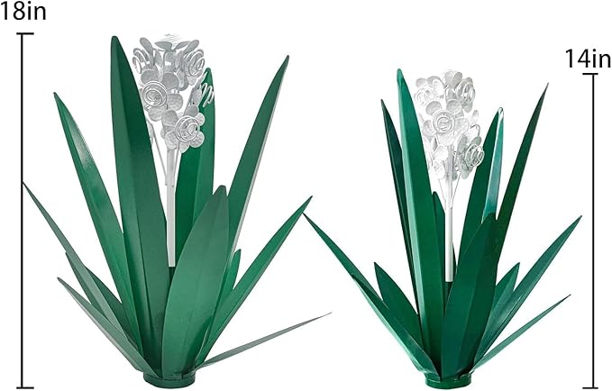 Metal Agave Plant Garden Art, 2 Pack Tequila Rustic Sculpture, Rustic Metal Agave Plants for Yard Stakes, Garden Figurines, Outdoor Patio (2 PCS White Flowers)