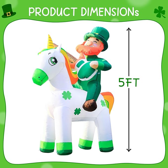 DomKom 5ft St. Patricks Day Inflatables Leprechaun Riding Unicorn Playing Guitar Blow Up LED Lighted Decor for Indoor Outdoor Lawn Yard Garden Patio Holiday Art Decor