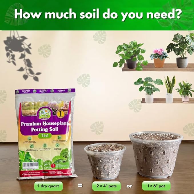 DUSPRO Recycle Pre-Mixed House Plant Potting Mix 7in1 with Potting Soil Indoor Plants, Tropical Indoor Potting Soil with Pine Bark, Pumice, Coco Coir, Perlite, Worm Castings, Gypsum, Peat Moss 1QRT