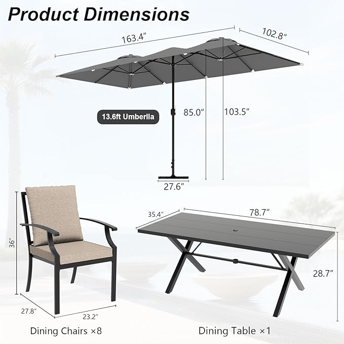 10 Pieces Patio Dining Set,Metal Outdoor Furniture Set Includes 13.6FT Grey Umbrella,Hole Cut-Out 78.7" x 35.4" Table and 8 Metal Backrest Chairs for Backyard,Garden,Sand