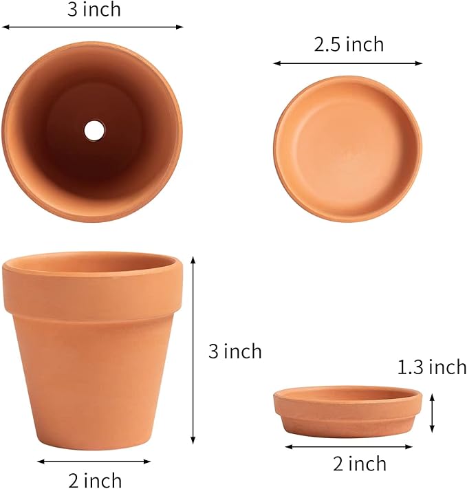 HERDUK 3 Inch Terracotta Starter Pots with Saucers – Clay Planting System for Seedlings, Cuttings & Succulents, Reliable Drainage for Healthy Roots, Ideal for Beginners & Small Spaces