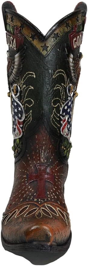 Ebros Gift Rustic Western Country USA American Flag God Bless USA Eagle Seal Crest Cowboy Boot Decorative Flower Bouquet Vase Or Planter Figurine 10" High