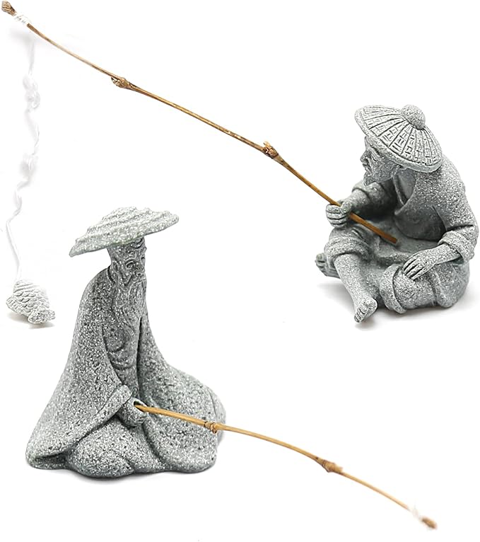 DUZFOREI 2PCS Mini Sitting Fishing Figurines Sandstone Vintage Ornament Japanese Decor for Fish Tank Pot Garden Home Aquarium Mini Fisherman Statue Asian Zen Decorations