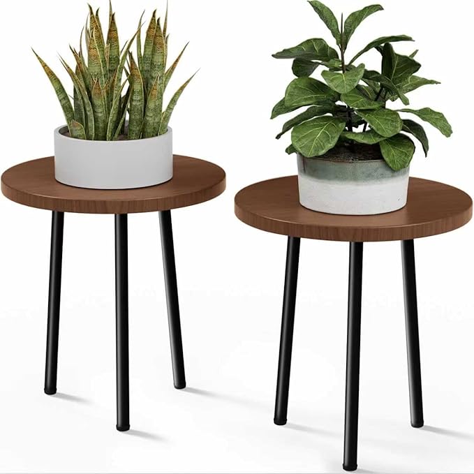 SAKSUN Plant Stand Indoor 14'': Indoor Plant Stand 2 Pack Metal Plant Table - Wood Plant Stool Outdoor Small Round Side End Table Mid Century Modern Decor - Home Decor