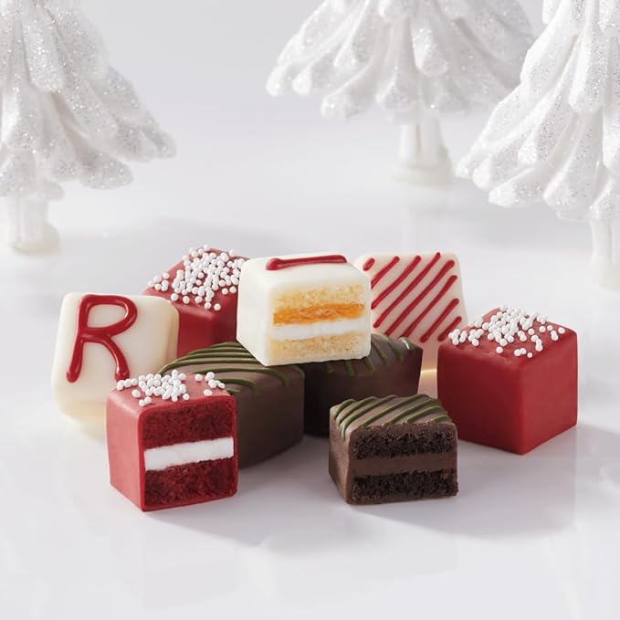 3 Holiday Gift Boxes - The Swiss Colony Merry Christmas Petits Fours Triple Gift Bundle - Gourmet Mini Layer Cakes, Red Velvet, Strawberry, Double Chocolate, and Vanilla Treats, Includes 3 Gift Boxes