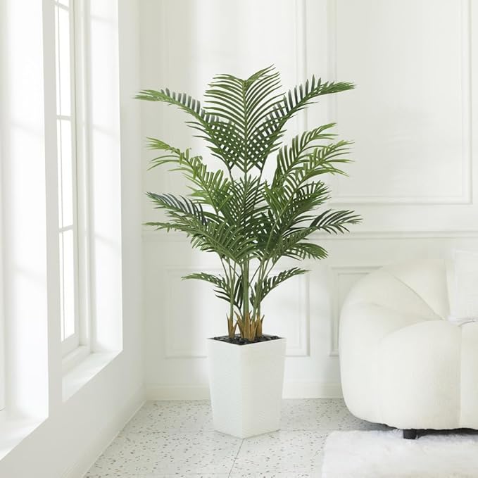 VeriNatural 5FT Artificial Palm Tree - Tall Fake Tree with White Taper Planter & Pebbles, UV Resistant for Indoor & Outdoor Decor - Large Potted Faux Plant for Living Room, Office, Home Decor,VN130