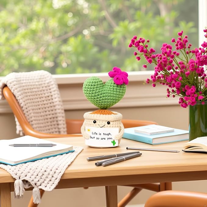 BRIFUFOUS Get Well Gifts for Women, Handmade Crochet Cactus – Plush Plant Gift with Encouragement Card for Desk Decor, Home or Office Decoration