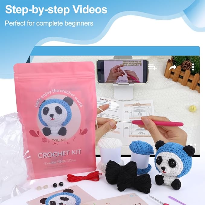 Panda Amigurumi Crochet Kit for Beginners - Classic Black & White Animal DIY Starter Pack with Detailed Video Tutorials | Premium Tube Yarn & Pre-Started Loop | Cute Handmade Gift for All Ages