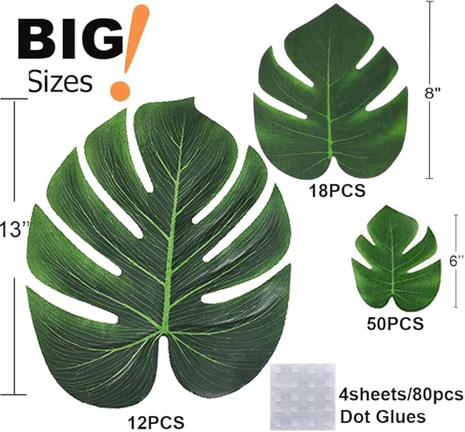 80PCS Artificial Tropical Palm Leaves Plant Imitation Leaf Fake Monstera Leaves Hawaiian Luau Jungle Safari Birthday WeddingTheme Party Table Wall Decorations,Bonus 4 Sheets/80pcs Dot Glues