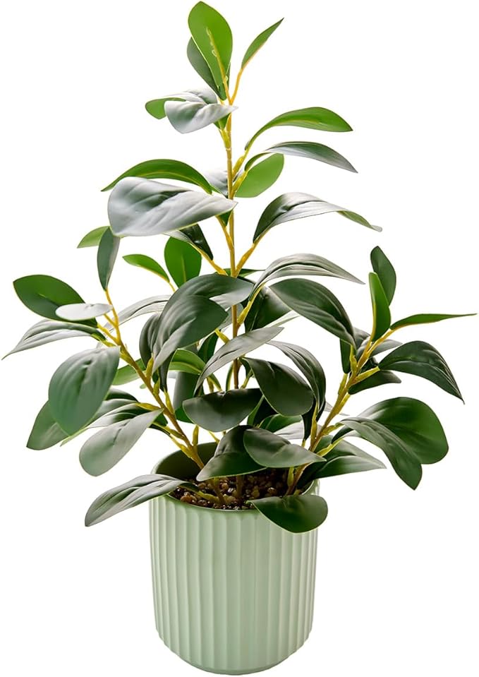 Ewtogift 14.6'' Fake Plant Ficus Leaves Artificial Plant in Light Green Ceramic Stripe Planter Faux Real Looking and Touching Evergreen for Home Living Room Indoor & Outdoor