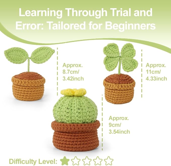 Autglint Potted Plant Crochet Kit for Beginners - DIY Succulent Garden Amigurumi Set for Home Office Decor | Step-by-Step Video Tutorials & Non-Split Yarn | Everlasting Greenery Craft Gift