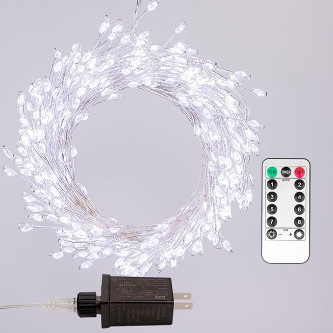 Fairy Lights Plug in, 50 Feet 500LED Cool White Silver Wire Firecracker Firefly Lights with Remote, Waterproof Copper Wire Lights for Bedroom Wreath Window Wedding Christmas Tree Decoration