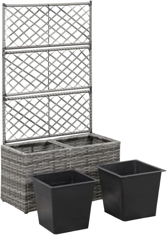 vidaXL - Outdoor Poly Rattan Trellis Raised Bed in Gray with 2 Removable Pots - Stylish and Durable for Supporting Climbing Plants