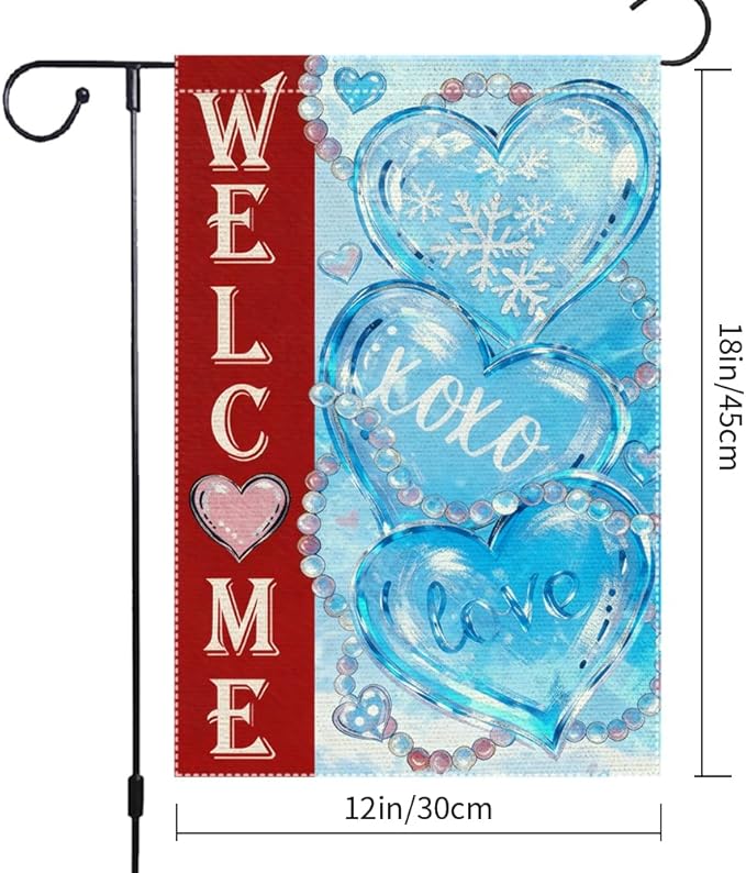 Welcome Winter Valentines Day Garden Flag 12x18 Inch Double-Sided Burlap with Snowflakes and Hearts for Home Decoration