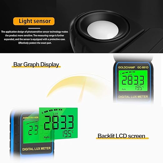 Digital Light Meter, Luxmeter Illuminance Light Meter Measure Lights 0.01~400,000 Lux (0.01~40,000 FC) Foot Candles Luxmeter with 270º Rotated Sensor for Plants LED Lights Indoor Outdoor Light Tester
