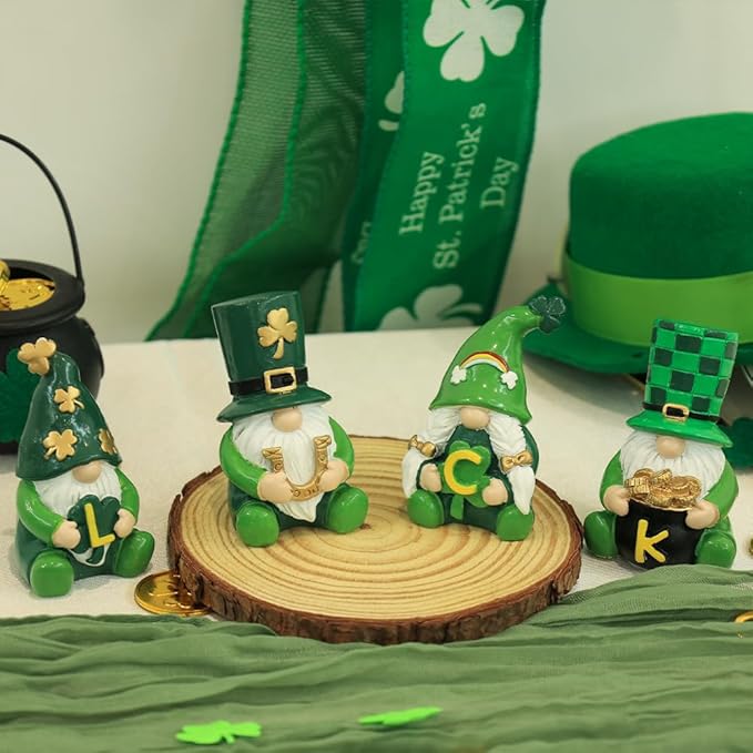 MEETYAMOR St Patricks Day Decorations, 4 PCS Gnome Resin Figurine for St Patricks Day Decor, Luck Sign Irish Green Clover Leprechaun Figurines Standing for Home Table, Mantel, Shelf